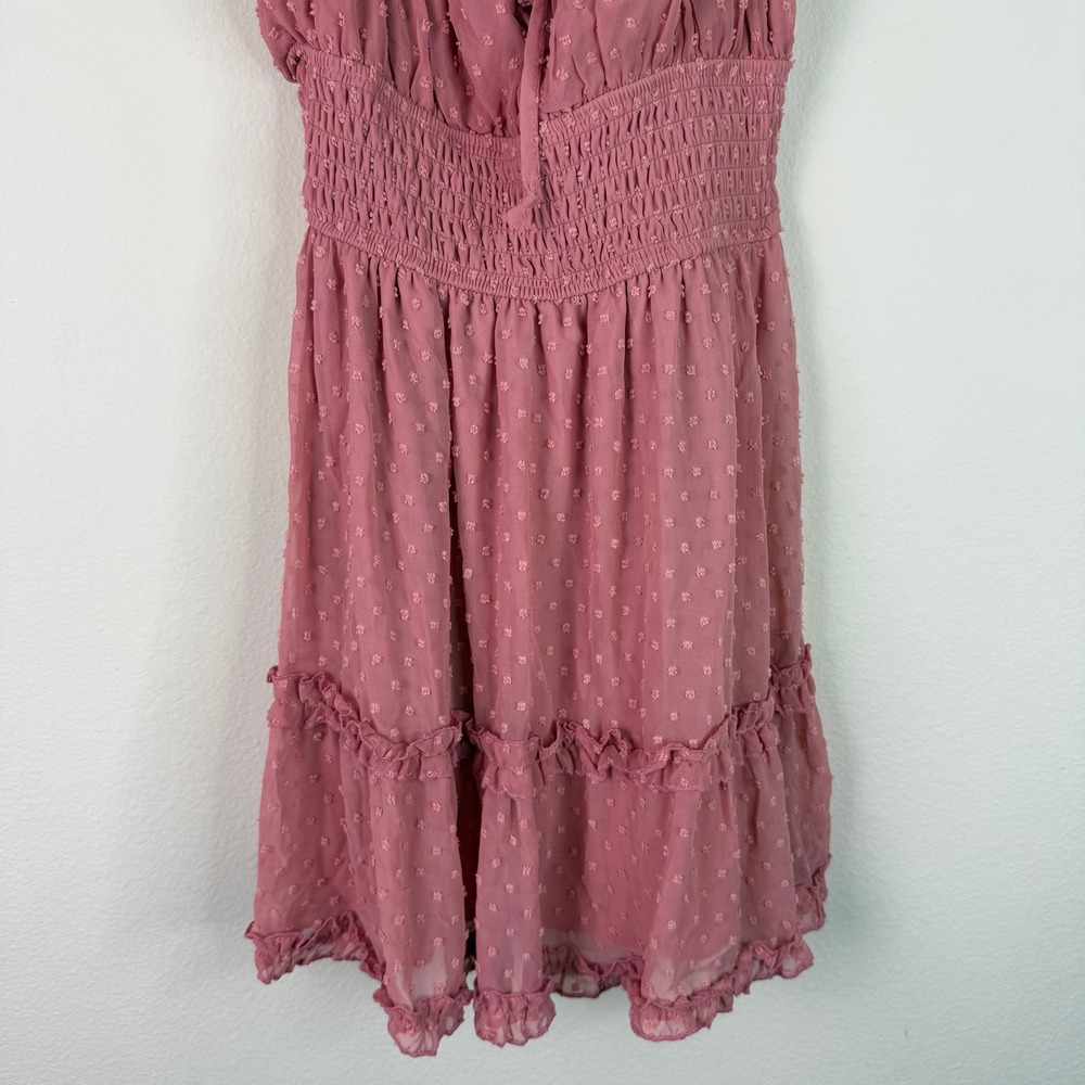Trixxi Dress Womens Small Pink Fit & Flare Swiss Dot Smocked Ruffle Mini - Picture 2 of 6